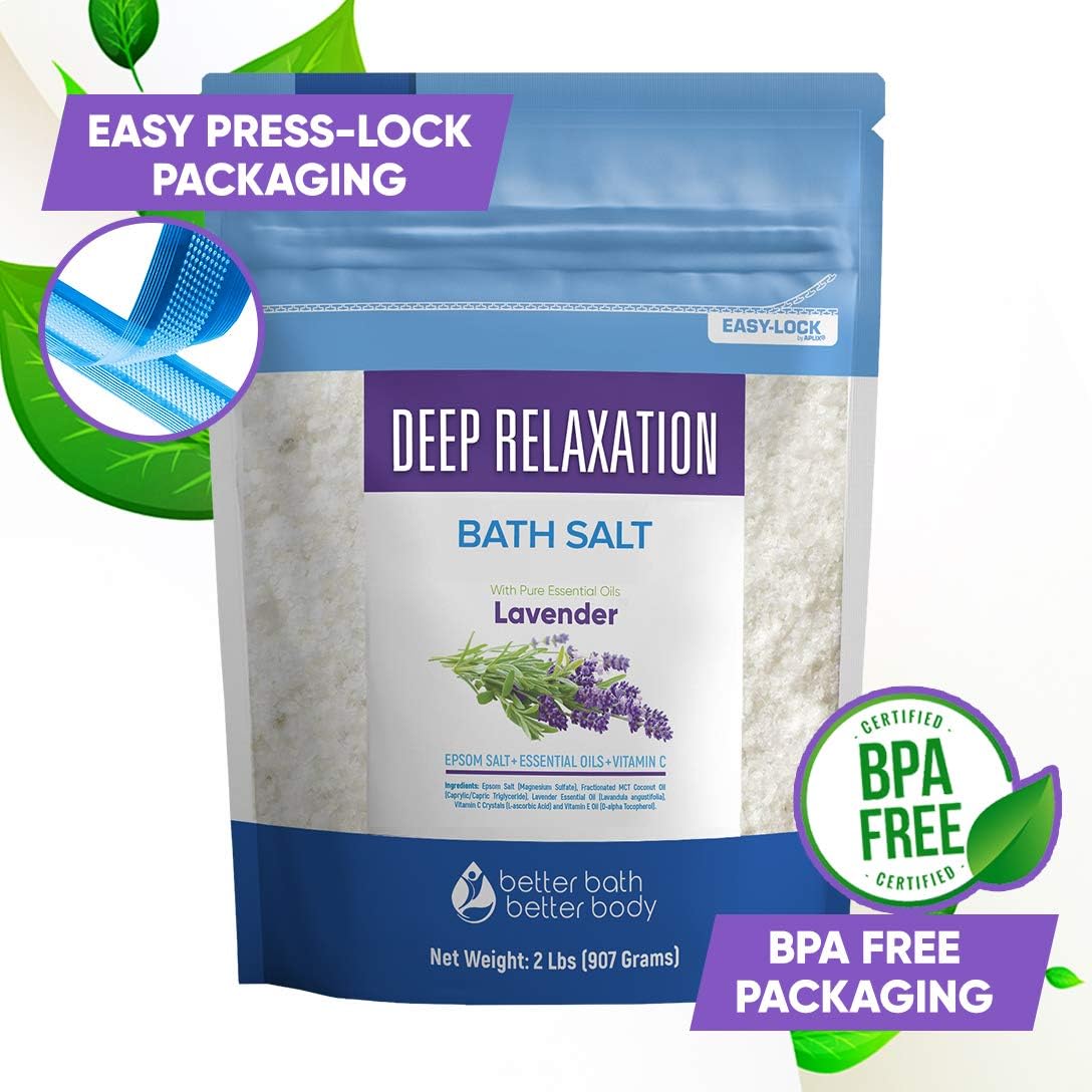 Deep Relaxation Bath Salt 32 Ounces Epsom Salt with Natural Lavender Essential Oil Plus Vitamin C in BPA Free Pouch with Easy Press-Lock Seal: Health & Personal Care