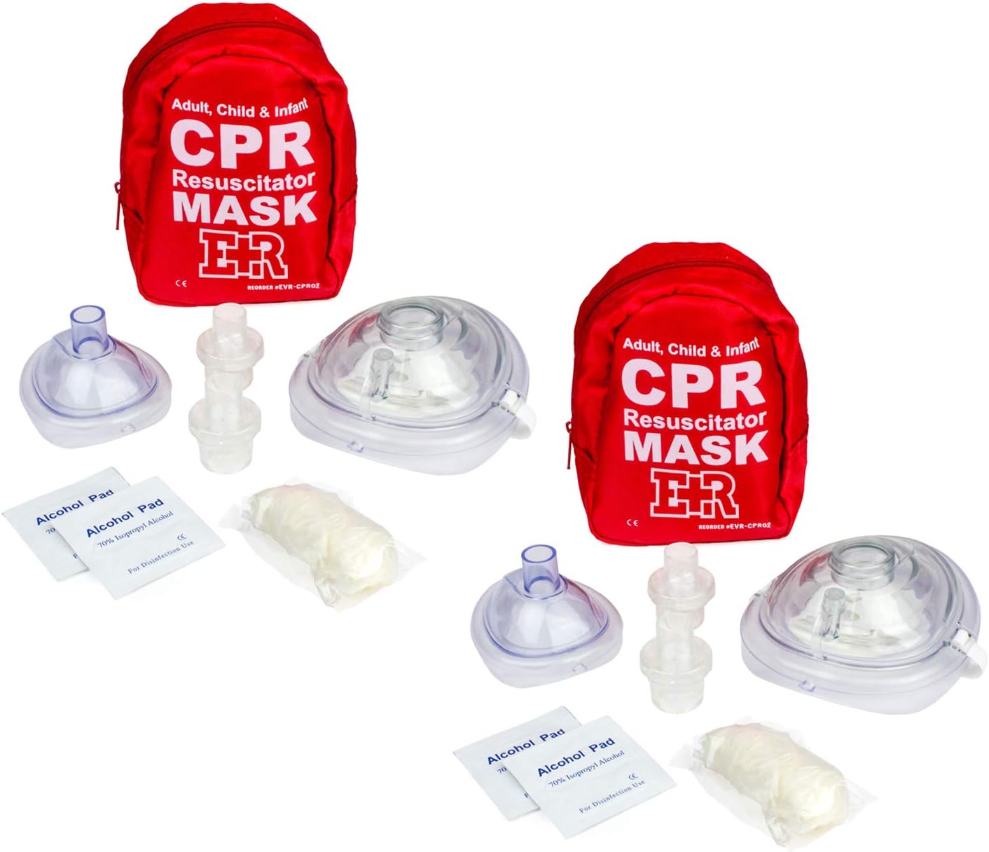Ever Ready First Aid Adult and Infant CPR Mask Combo Kit with 2 Valves with Pair of Nitrile Gloves & 2 Alcohol Prep Pads - Red - 2 Pack: Health & Personal Care