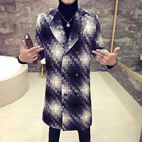 fvbuhhi Men's coat in autumn and winter, men's medium length, plaid, coat, coat, Korean coat, men's coat,Black and white,L