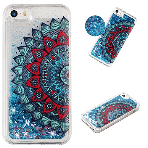 Glitter Case for iPhone 5/5S iPhone SE,QFFUN Bling Floating Liquid Quicksand Soft Clear Slim Fit Silicone Case with Screen Protector Shockproof Anti-Scratch Bumper Protective Cover - Blue Mandala