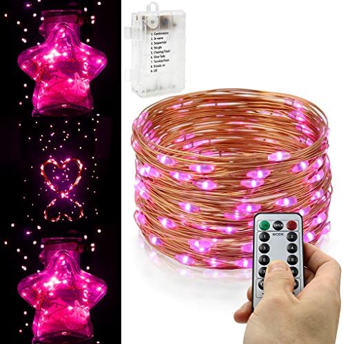 LED 8 Modes String Lights 33ft 100LED Copper Wire String Lights, Battery Powered with Remote Control, For Outdoor,Indoor,Valentine'sday,Birthday,Christmas...Waterproof (Pink)