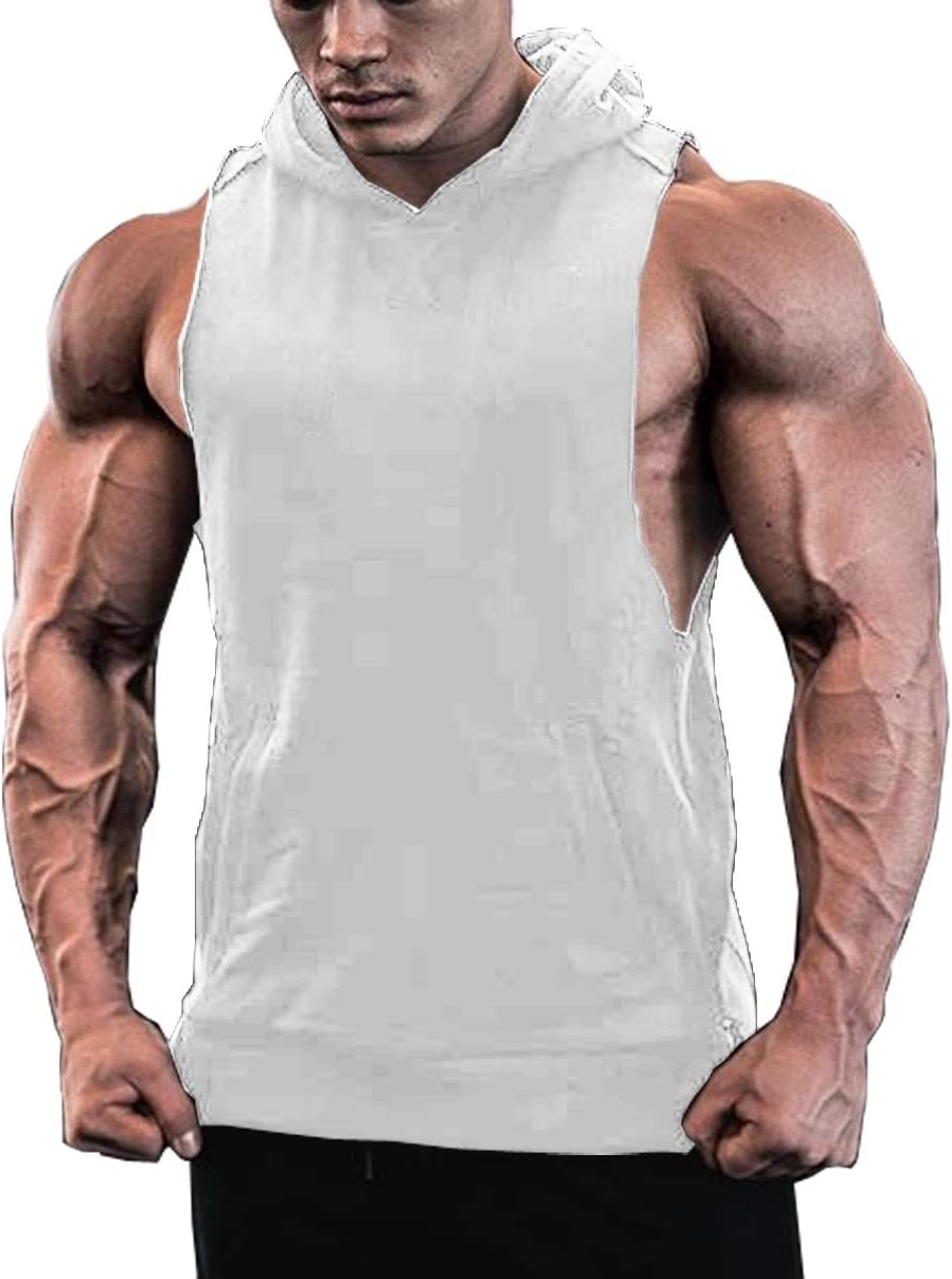 JINIDU Men's Workout Hooded Tank Tops Sleeveless Gym Hoodies with Pockets