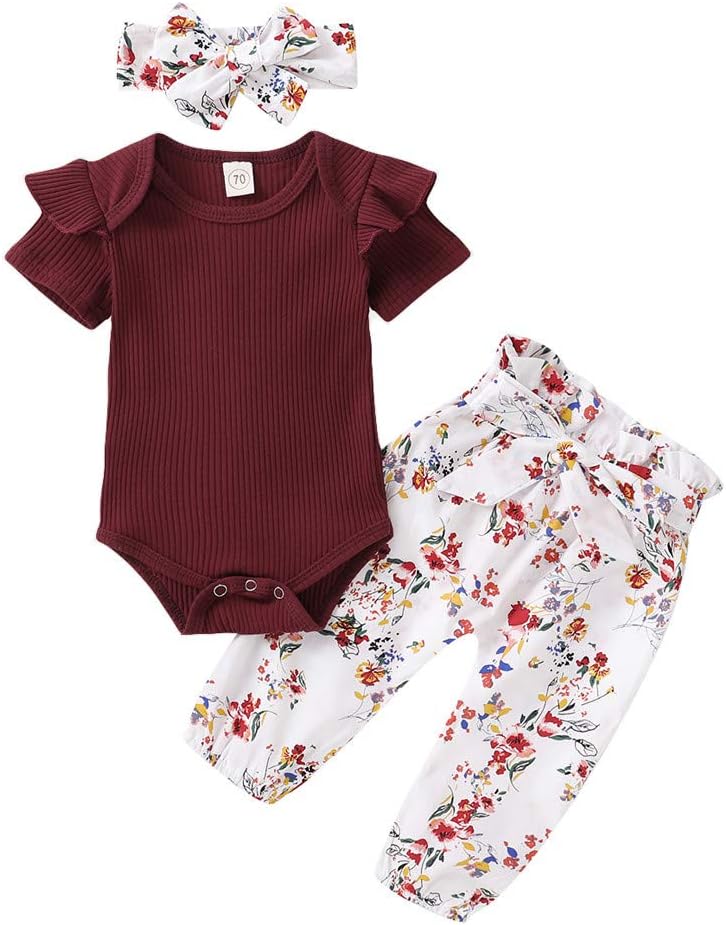 KpopBaby 3PCS Infant Toddler Baby Girl Clothes Ruffle Romper Bodysuit Floral Halen Pants Headband Outfits