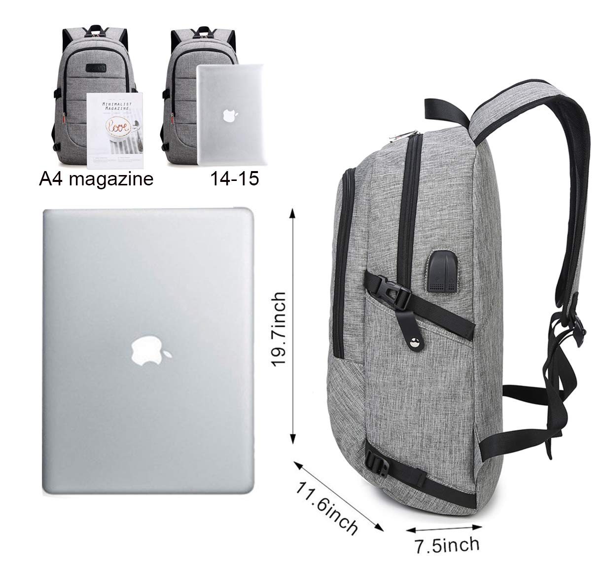 Laptop Backpack Business Travel Computer Backpack Anti Theft Waterproof Bag with USB Charging Port & Headphone Interface for College School Students Women and Men Fits for 15.6 Inch Laptop … (Grey)
