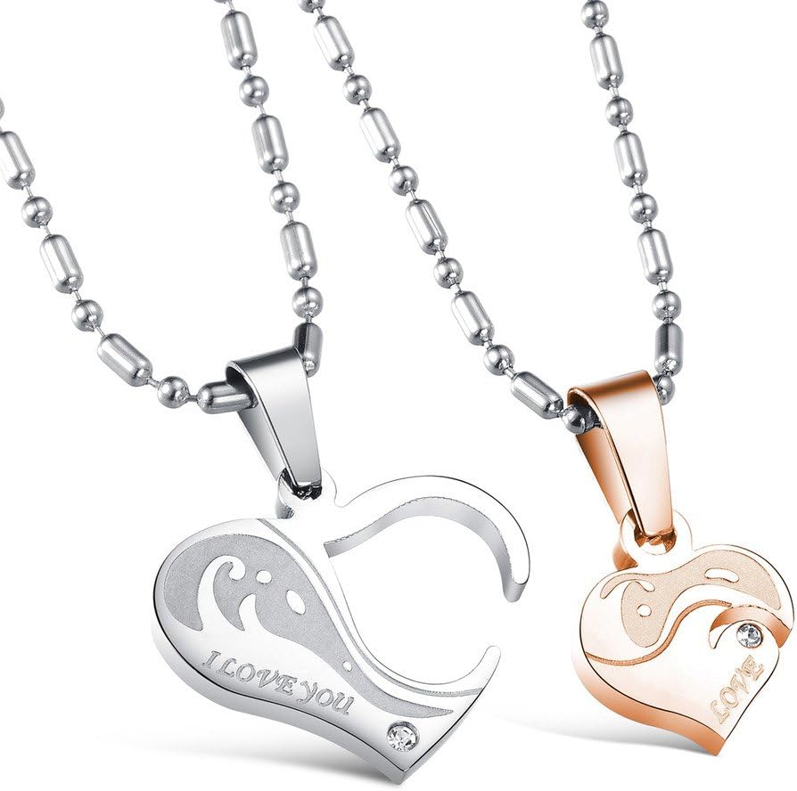 Jewow Jewellery 2 Pieces Stainless Steel Matching Heart Engraved I Love You Couples Necklaces