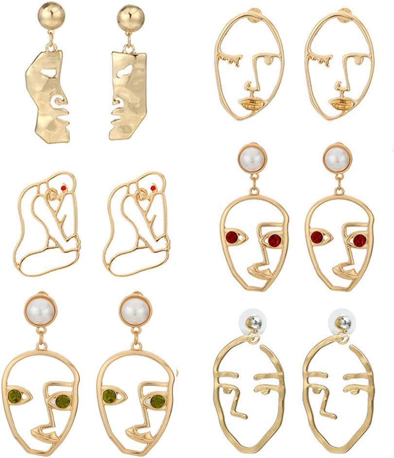 BOER INC Human Face Earrings Unique Abstract Art Dangle Stud Earring Fashion Geometric Drop Hoops Studs Earrings with Face Rings for Party Birthday Valentine's Day