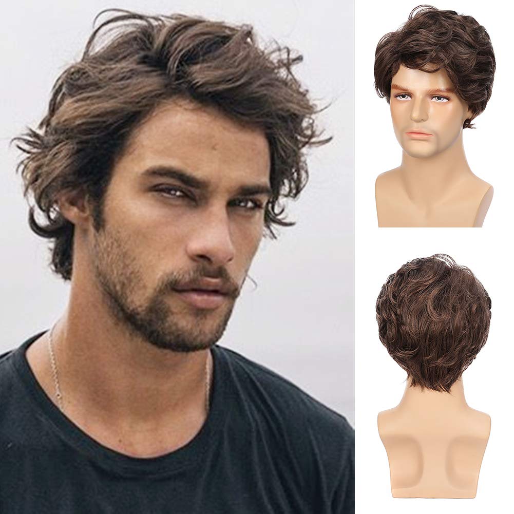 Kaneles Mens Wigs Dark Brown Short Wavy Shaggy Style