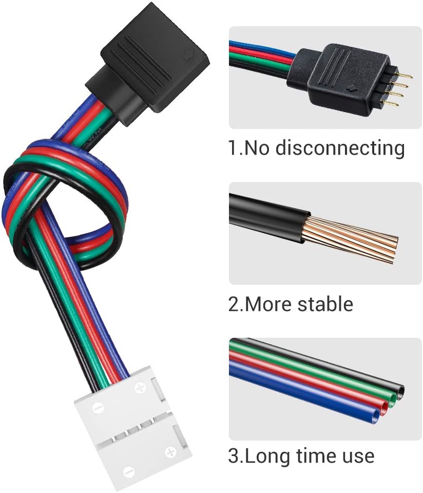 Led Strip Light Connectors Kit, Right Corner Angle Solderless Gapless Adapter, 4 Pin Conductor Light Strip Splice for TV, 10mm Tape Light Connector DIY Accessories for SMD 5050 RGB Multicolor Strip - - 