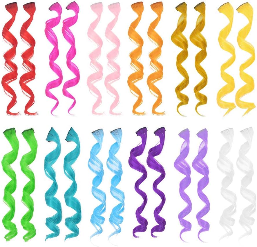 Dreamlover Coloured Hair Extensions for Kids Rainbow Hair Accessories for Girls 24 PCS, 12.5 inches(Curly)