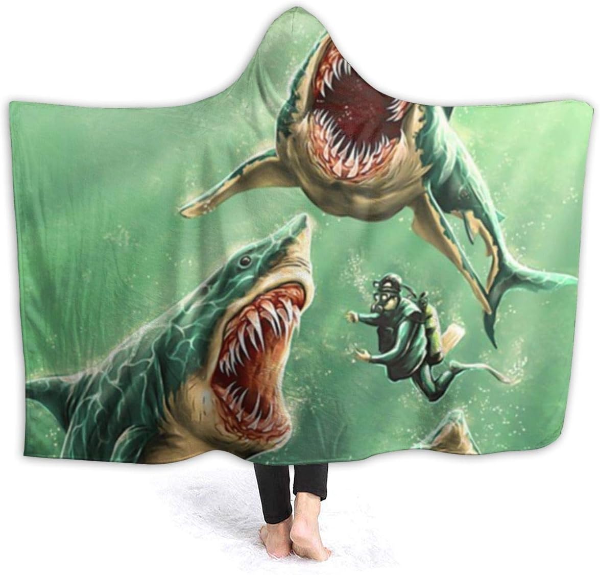 ANYA TOPSHOP Boys Girls A Diver Surrounded by Three Horrible Great White Sharks Hooded Blankets for Outside Lightweight Throw Blanket for Preschool Wearable Blankets 60x50 Inch