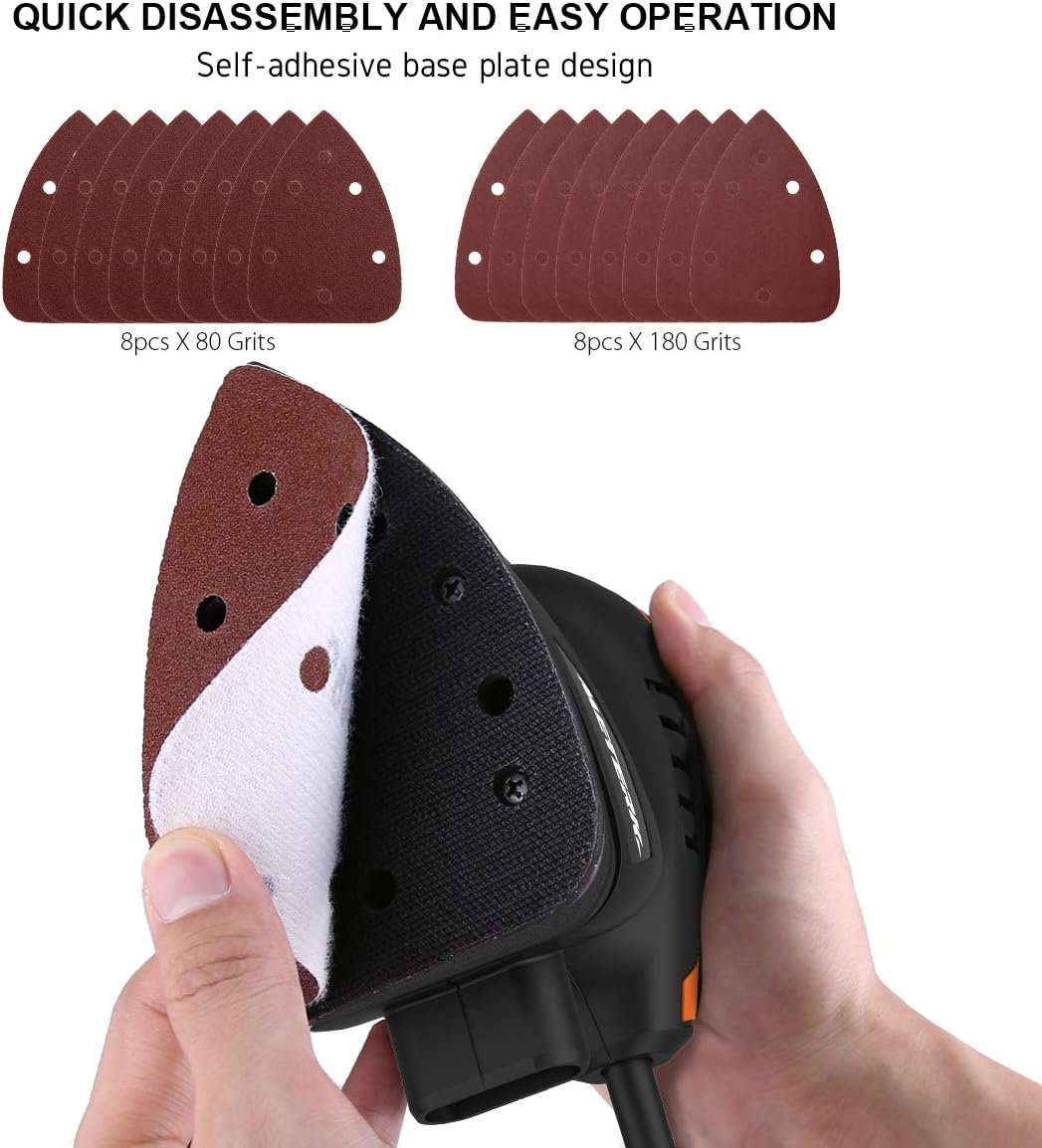 Mouse Detail Sander, Meterk Random Orbital Sander 125W 13500RPM Sander with 16PCS Sandpapers Dust Collection Port, Wall Putty Polishing Machines Sander for Home Decoration and DIY Working - - 