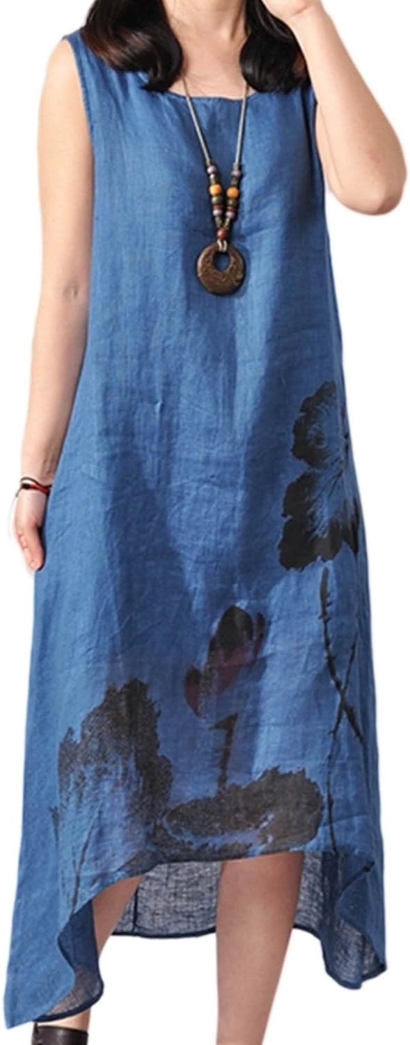 Yulinge Women Summer Elegant Cotton and Linen Shift Maxi Dress Floral Dresses