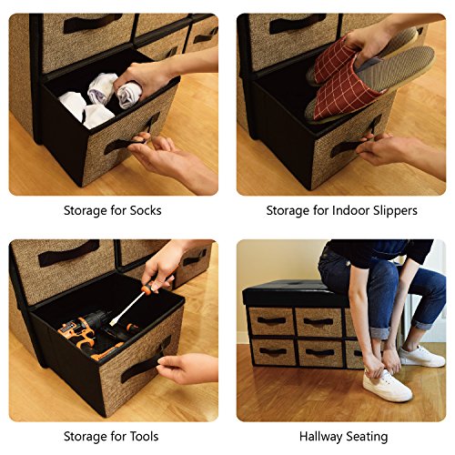 Ikee Design Folding Storage Chest Bench- Faux Leather, Linen Collapsible Foot Rest Stool Seat with 6 Drawers - Thumbnail 3