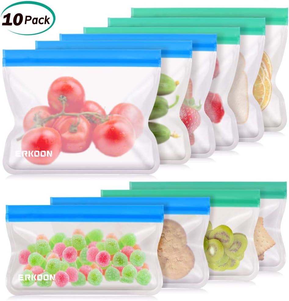 ERKOON Pack of 10 Leakproof Reusable Food Storage Bags Sandwich Bags Reusable Snack Bags Bags Ideal for Lunch Sandwich, Food Snacks, Fruits, Travel Home Organization (6 Sandwich Bags + 4 Snack Bags)
