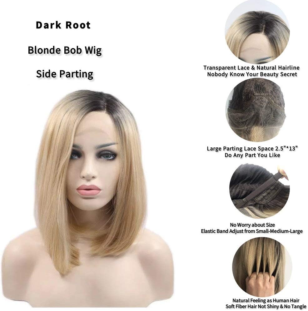Xiweiya Matte Blonde Wig With Black Roots Short Bob Hair Side Wear Synthetic Lace Front Wig Heat Resistant Gold Hair Hand Tied Replacement Full Wig For Women Cosplay Daily Wear 14 Inched - Image 3