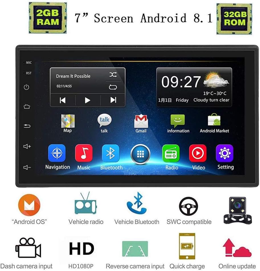 Liehuzhekeji Android 2G+32G Car Double Din Radio Receiver, 7" HD 2.5D Screen Car Stereo Receiver, Support Mirror Link Bluetooth WiFi/Offline Map GPS Navigation+4 LED Lights Camera
