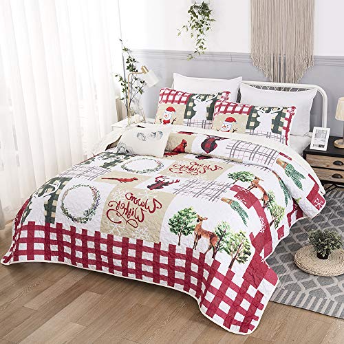 Christmas Quilt Set Rustic Christmas Santa Tree Snowman Pattern Printed Bedding Solid Quilted Bedspread Coverlet with 2 Pillow Shams for All Seasons, Soft Microfiber Quilt 90*90 inches (Queen, 3Pcs)