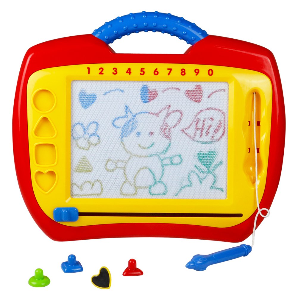 Magnetic Drawing Board Plastic Doodle Sketch Erasable Scribbler with Four Colorful Shape Stamps for Boys Girls Kids Children