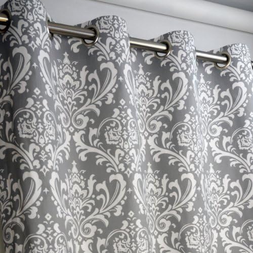 Storm Gray and White Damask Drape, One Grommet Top Curtain Panel 84 inches long x 50 inches wide