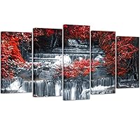 Visual Art Decor 5 Pieces Canvas Wall Art Red Trees Forest Black and White Waterfall Landscape Picture Prints Modern Home Office Wall Decoration Ready to Hang (01 5 Pieces)