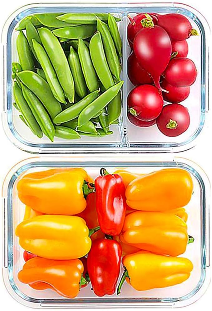 Set of 2 (35 oz) + 2 EXTRA EASY LIDS | JinaMart Large 1&2 Compartment Glass Meal Prep Containers Leak Proof Glass Bento Box Airtight Lunch Containers Microwave Safe Divider | Lids BPA Free (4 pcs)