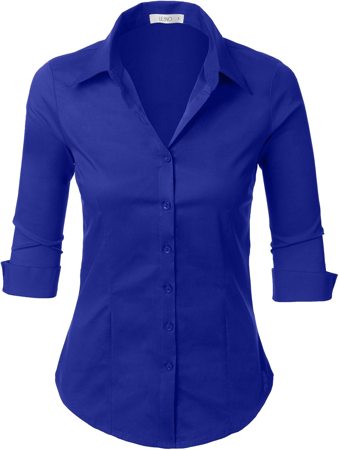 LE3NO Womens Slim-Fit 3/4 Sleeve V Neck Casual Work Shirts Top with Stretch