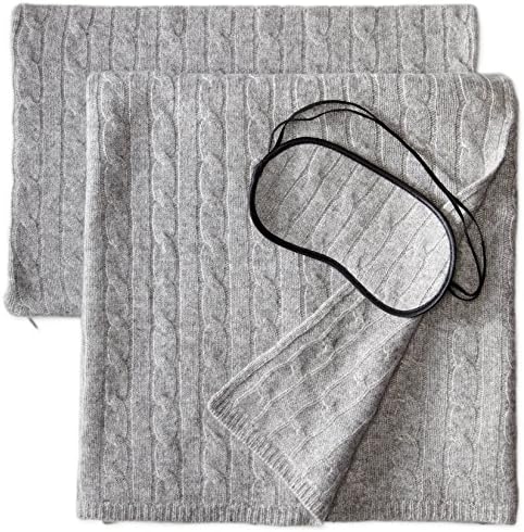 Sofia Cashmere 100% Cashmere Cable Travel Set with Blanket, Pillow Case, and Eye Mask