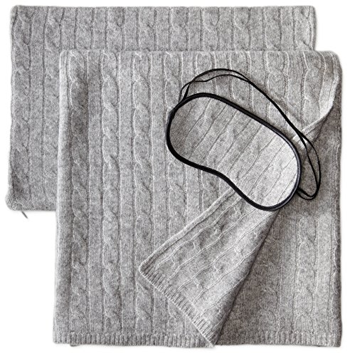 Sofia Cashmere 100% Cashmere Cable Travel Set with Blanket, Pillow Case, and Eye Mask