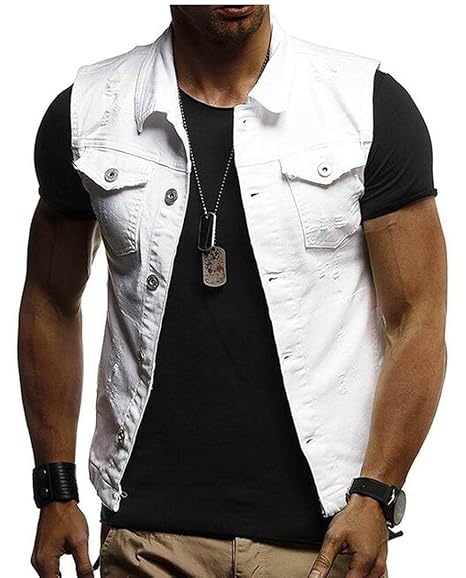 men's white sleeveless denim jacket