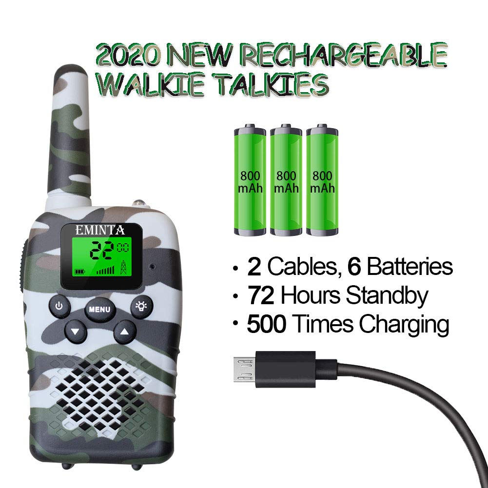 EMINTA Rechargeable Kids Walkie Talkies, 5 Miles Long Range 22 Channels 2 Way Radios with Flashlight LCD Screen VOX, 2020 Best Toys for Boys Girls Outdoor Adventure (Camo Gift Box)