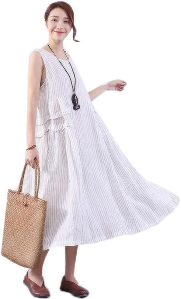 BUYKUD Summer Stripe Casual Loose Cotton Linen Sleeveless Dress for Women