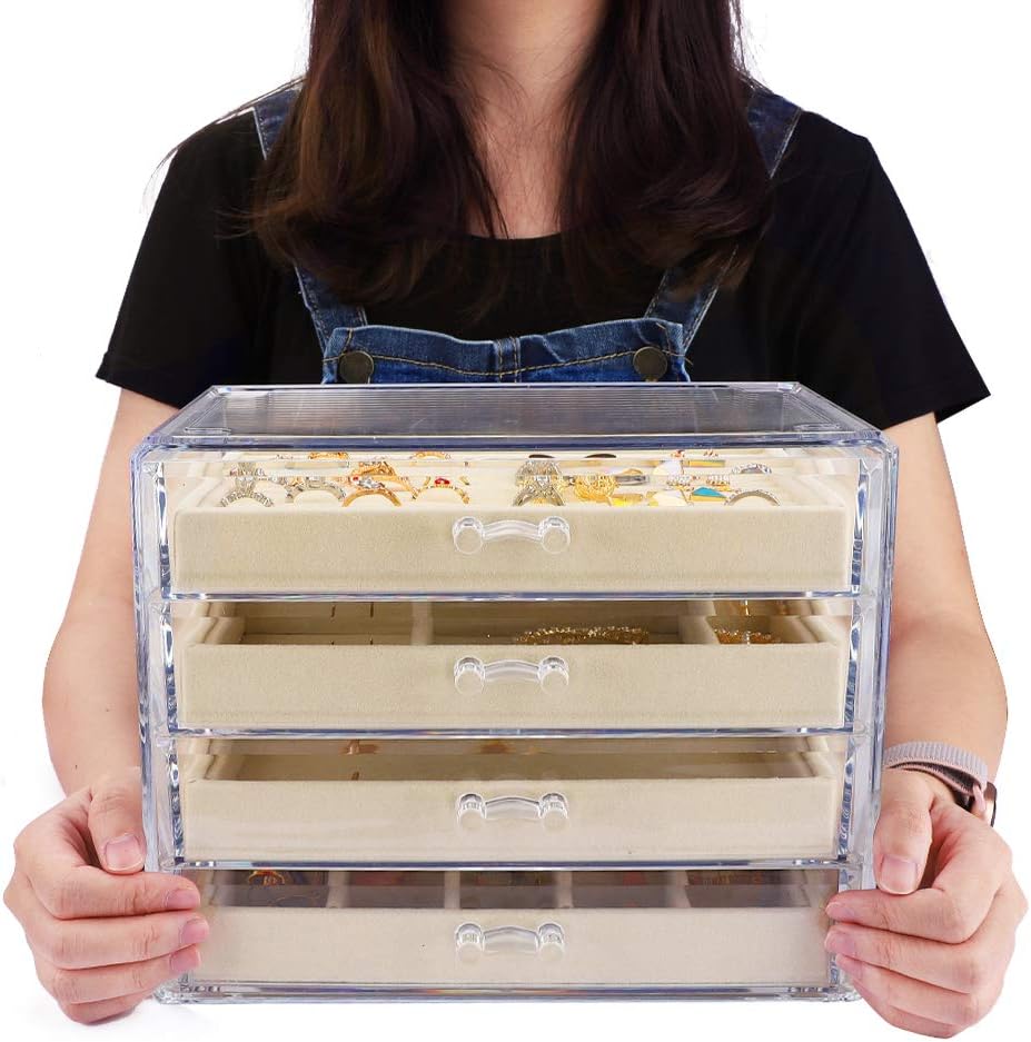 Mebbay Acrylic Jewelry Box with 4 Drawers, Velvet Jewelry Organizer for Earring Necklace Ring & Bracelet, Clear Jewelry Display Storage Case for Woman, Beige: Home Improvement