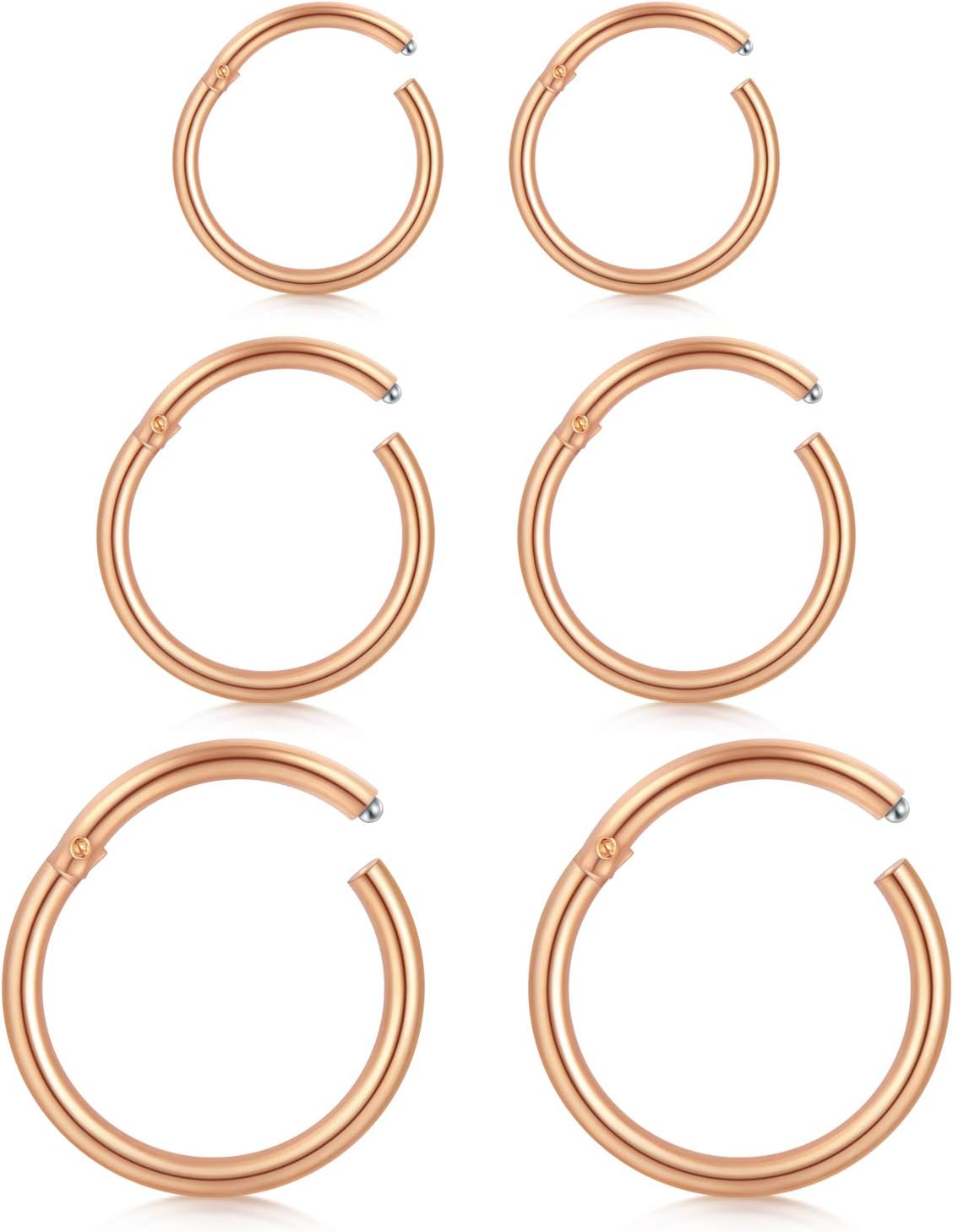 16G Stainless Steel 3 Pair Sleeper Earrings Clicker Nose Ring Body Piercing for Mens Womens, Rose Gold