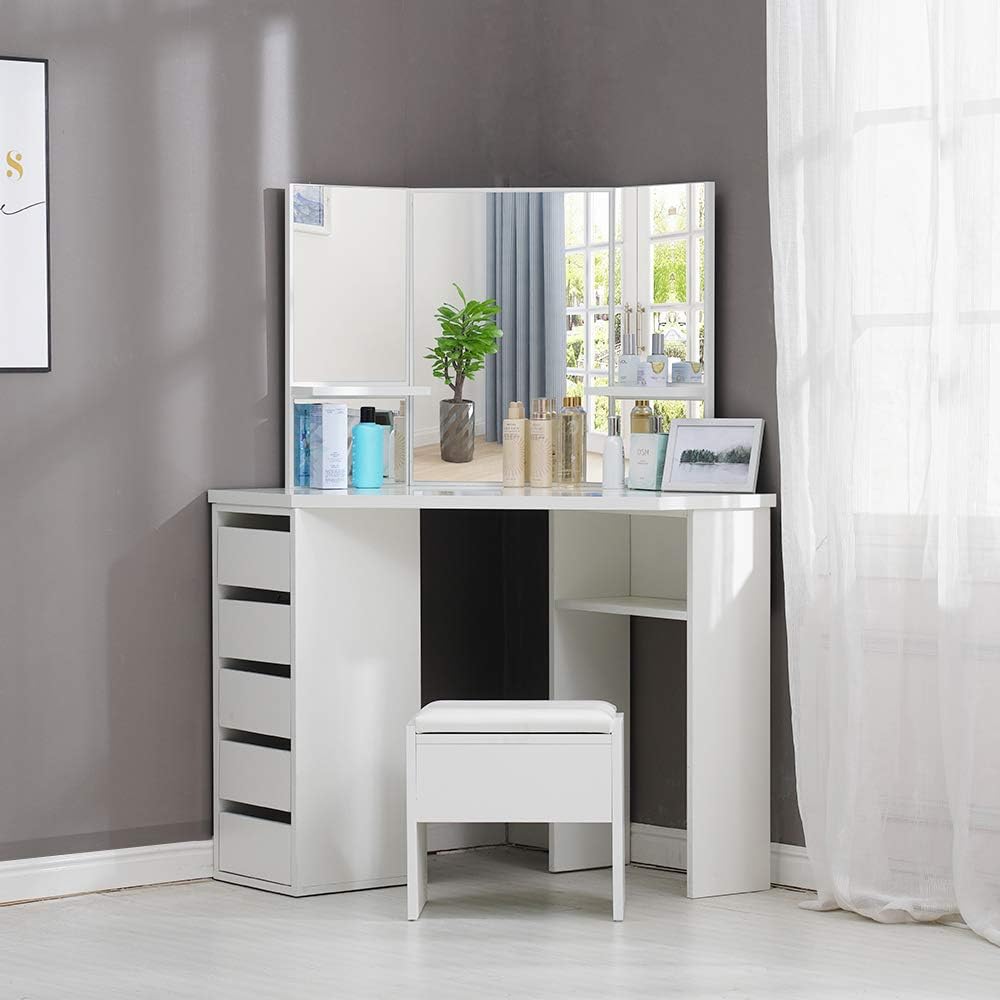 HOMCOM Set Toeletta Con Specchio Ribaltabile E Sgabello Imbottito – Bianco, Design Salvaspazio