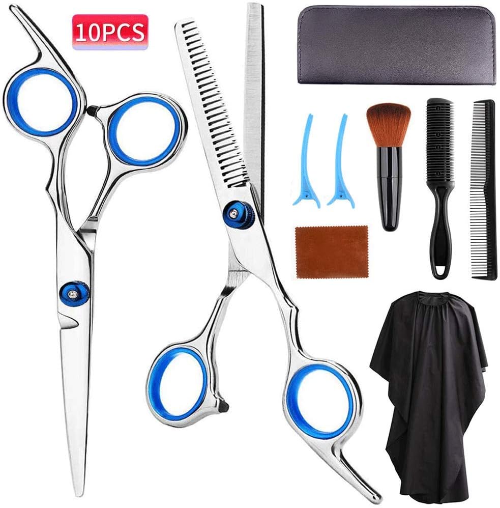 Hair Cutting Scissors Kit Professional 10 PCS Stainless Steel Haircut Shears Set with Straight Scissors,Thinning Scissors,Razon Comb,Clips,Cape,Brush for Men Women Adult Kids Pet for Home Barber Salon: Home Improvement