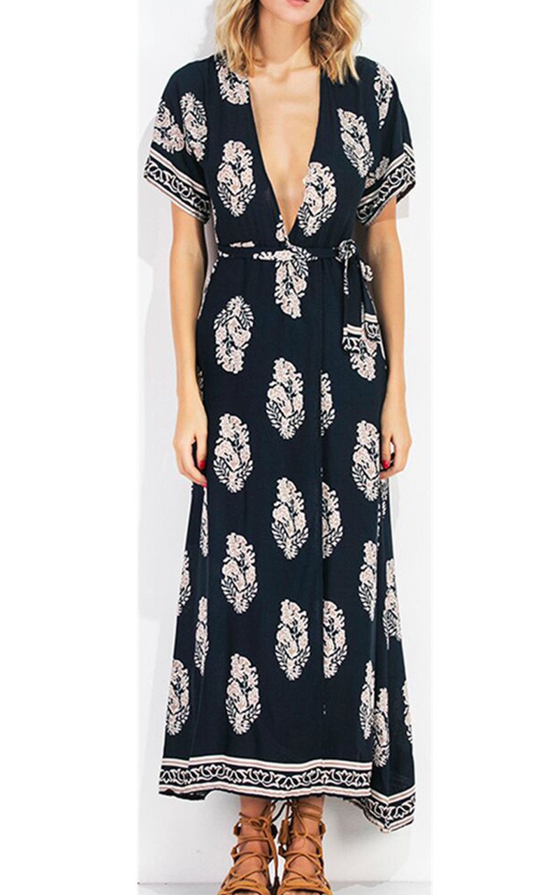 CHIC DIARY Robe Longue d\'Été Col V Profond Dos Nu Fourche d\'Avant pour Femme Fille(L)