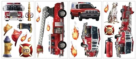 New Fire Trucks Wall Decals Fireman Bedroom Stickers Kids Red Decor Decorations