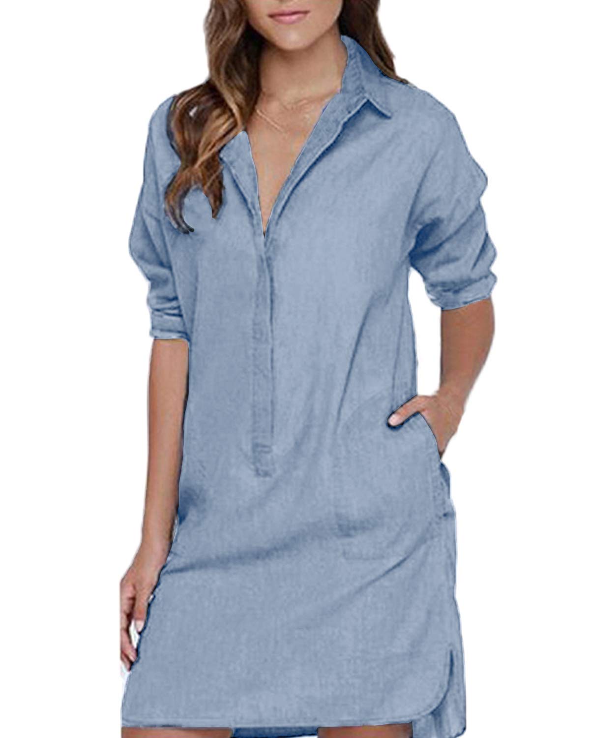V Neck Tunic Dress Amazon Women Casual Loose Shirt Dress Long