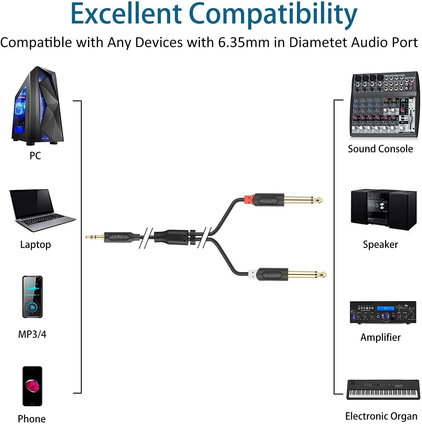 J&D 3.5mm 1/8 inch TRS Male to Dual 6.35mm 1/4 inch TS Male Mono Stereo Y-Cable Splitter with Gold Plated Audiowave Series for Amplifiers Mixer - Image 5