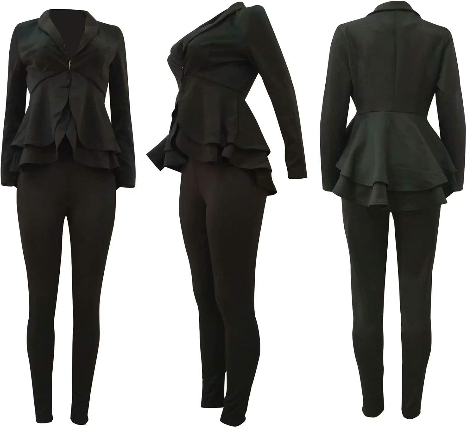 Womens Two Piece Outfits-Sexy V Neck Blazer with Skinny Long Pants Slim Fit Ruffle Pelplum Business Suit Sets