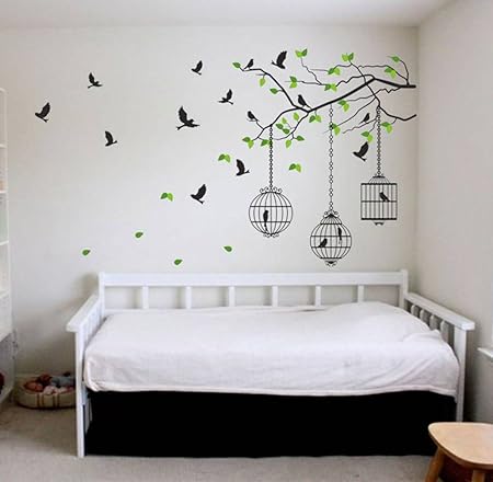 Decals Design Tree Branches with Leaves Birds and Cages Wall Sticker (PVC Vinyl, 50 cm x 70 cm,