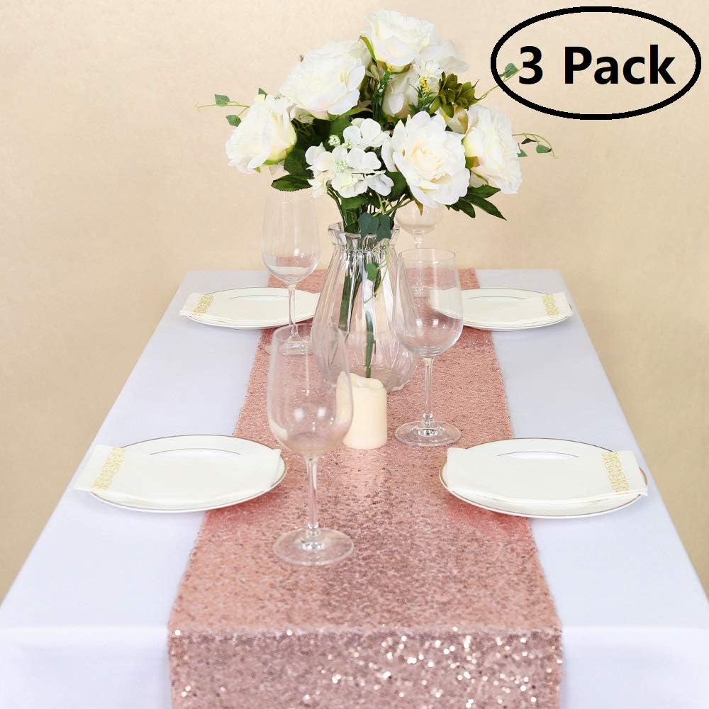 GFCC Sequin Table Runners - 3 Pack 12x72inch Sparkly Rose Gold Table Runner for Wedding Party Christmas Dining Decor