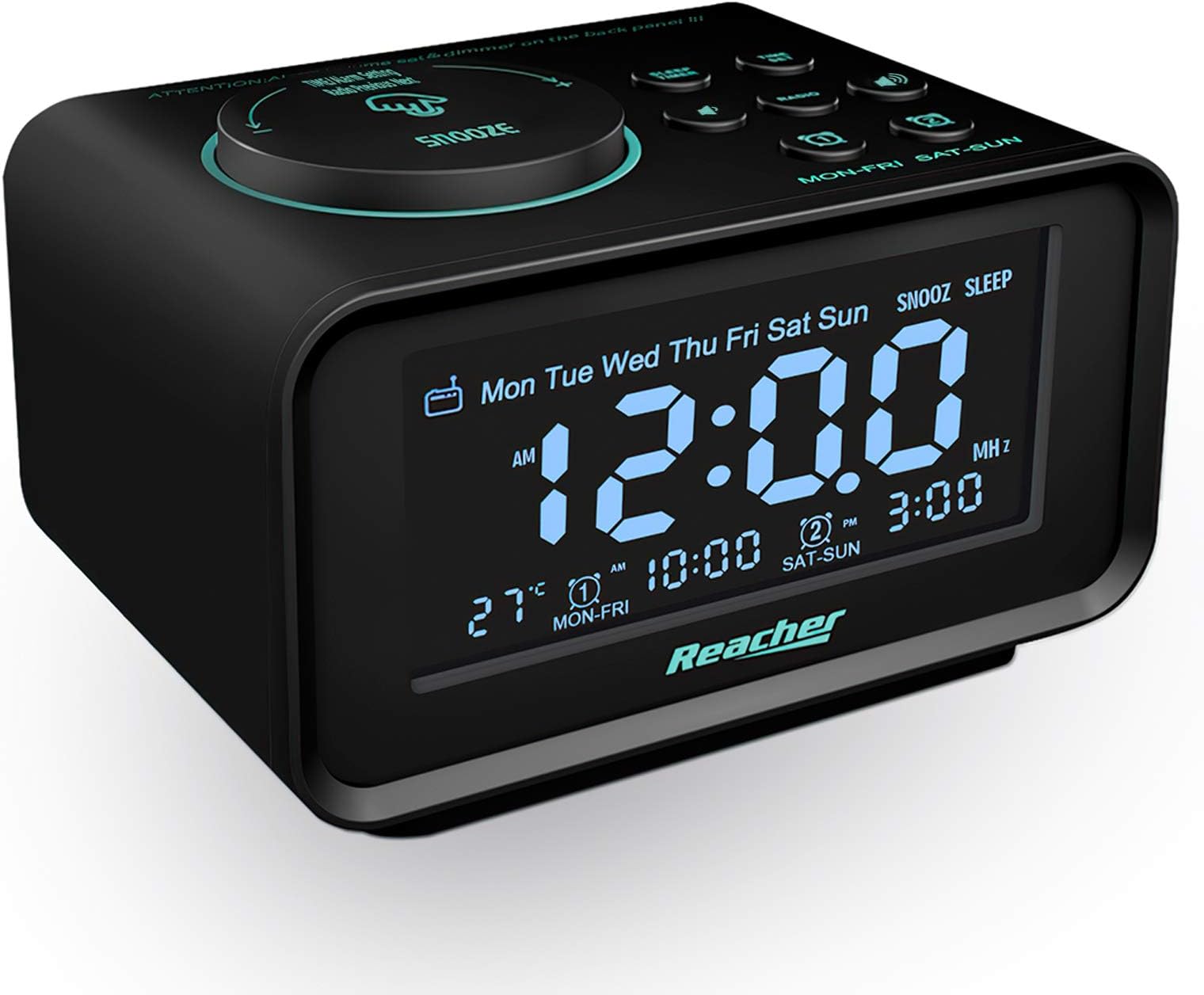 Reacher Dual Function Alarm Clock with USB Charging Ports, 6 Different Alarm Sounds, Dimmer, Thermometer Display, FM Radio with Shutdown Timer, Suitable for the Bedroom (Black)