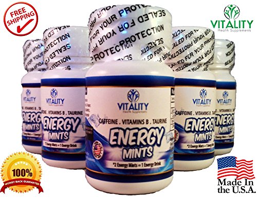Vitality Energy Mints - Better Than Energy Drinks! Best Caffeinated Tablets Contain 50Mg Caffeine Energy Boost with 0 Calories and 0 Sugar - Contains B Vitamins and Taurine (6 Bottles of 30 Mints Ea.)