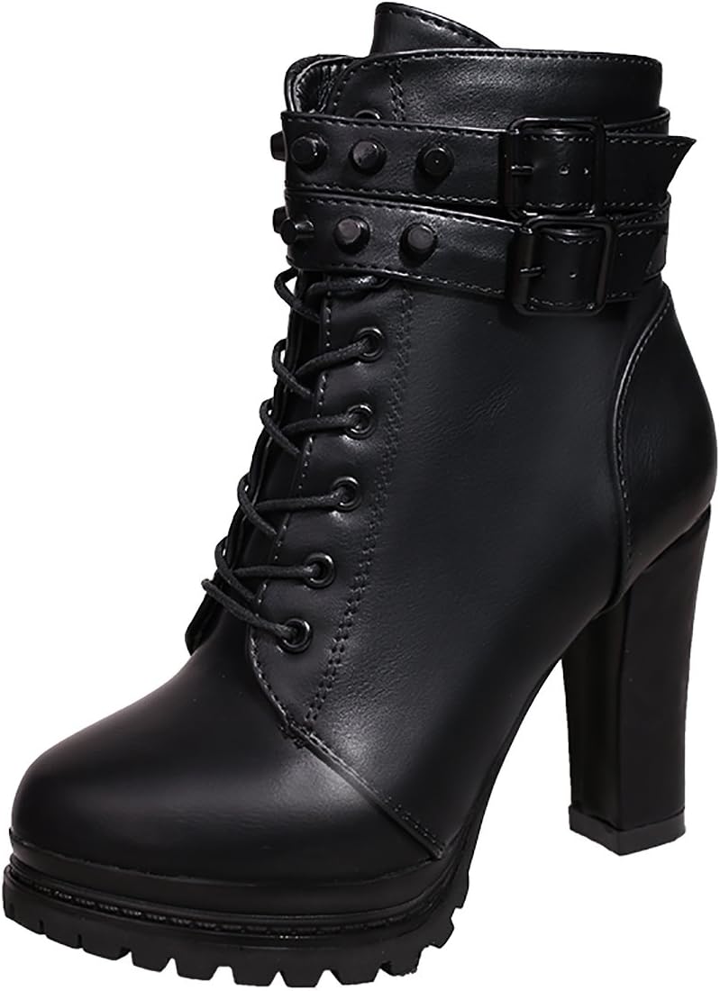 Inornever Women's Chunky High Heel Ankle Booties Fashion Buckle Platform PU Military Combat Boots