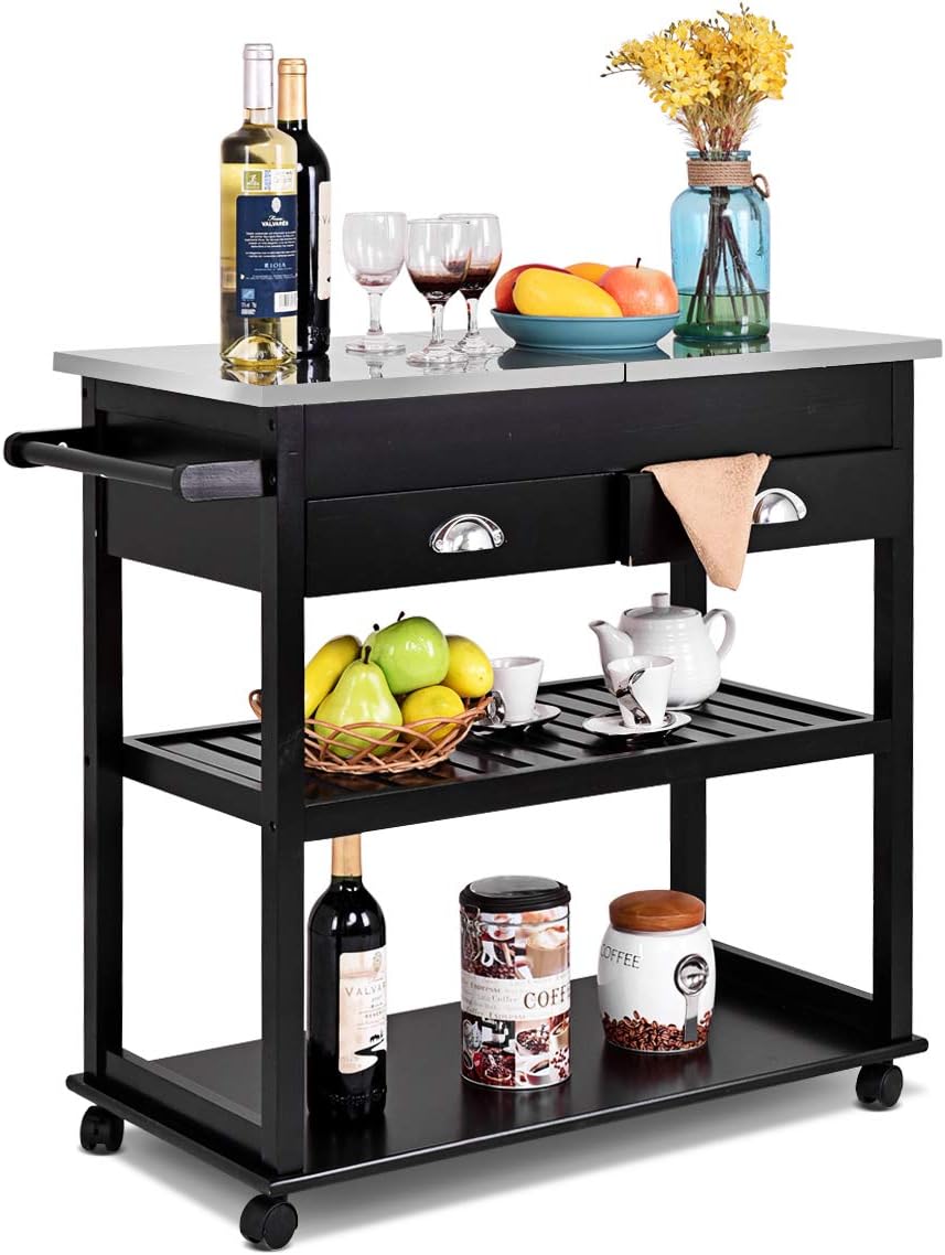 CHEFJOY Rolling Kitchen Trolley Drawers 2-Tier Shelves Stainless Steel Flip Top Wood Multifunctional Utility Storage Island Cart w/Handle & Casters (Dark Brown)