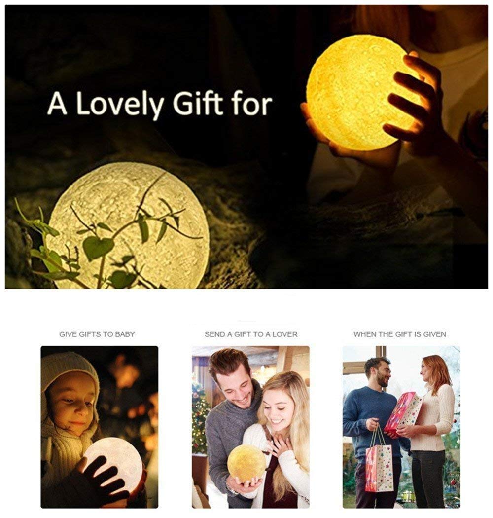 Stampa 3D Lampada a Luna Ricaricabile, Lampada Comodino LED, Luce Notturna per Bambino, Controllata Tattile, Diversi Colori, Decorazione per Casa, Stanza, Regalo per Compleanno, Anniversario e San Valentino 10 cm