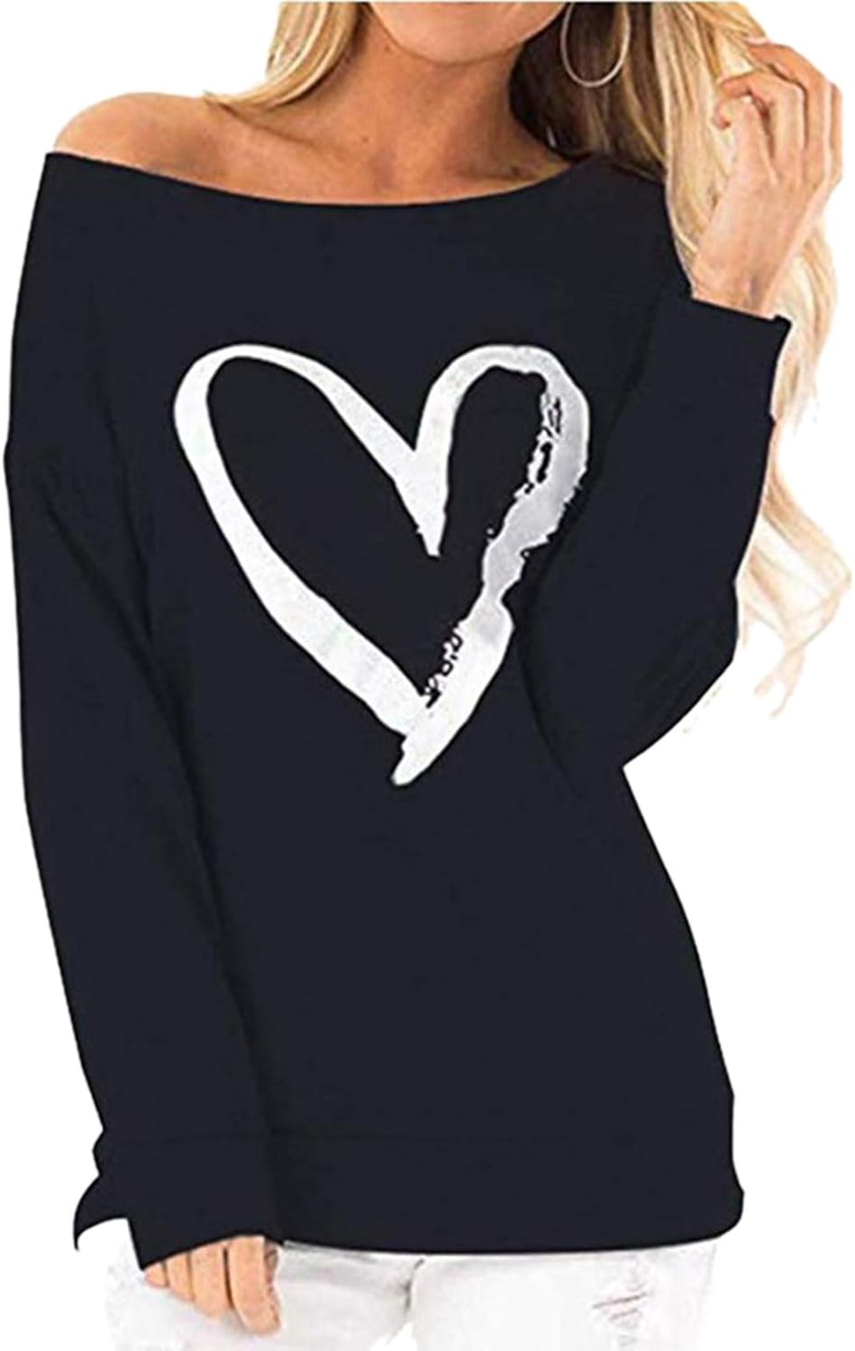 Women Off The Shoulder Sweatshirts Long Sleeve Tshirts Tops Heart Print
