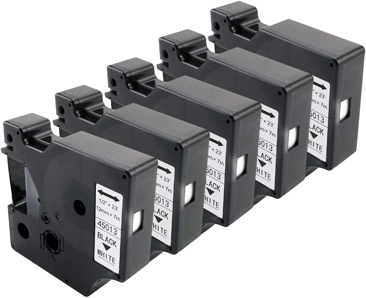 D1 45013 Label Cassette Compatible Dymo D1 45013 S0720530 1/2 Inch x 23 Feet (12mm x 7m) Black on White Label Tape with DYMO LabelManager 160 210D 280 420P 5-Pack