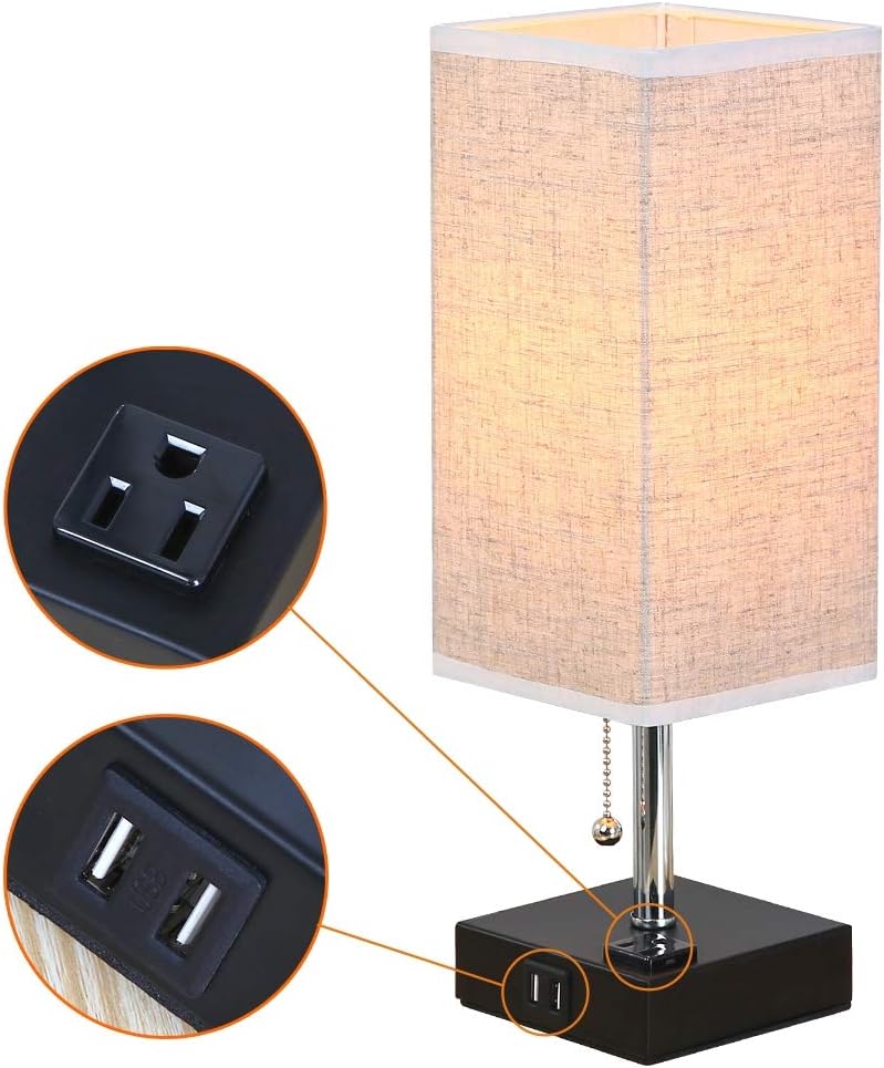 ZEEFO Touch Control Table Lamp Built in Dual USB Ports & AC Outlet, White Fabric Shade 3 Way Dimmable USB Nightstand Lamp, Two Edison LED Bulbs Included Bedside Lamps for Bedroom, Living Room (2 Pack) - - 